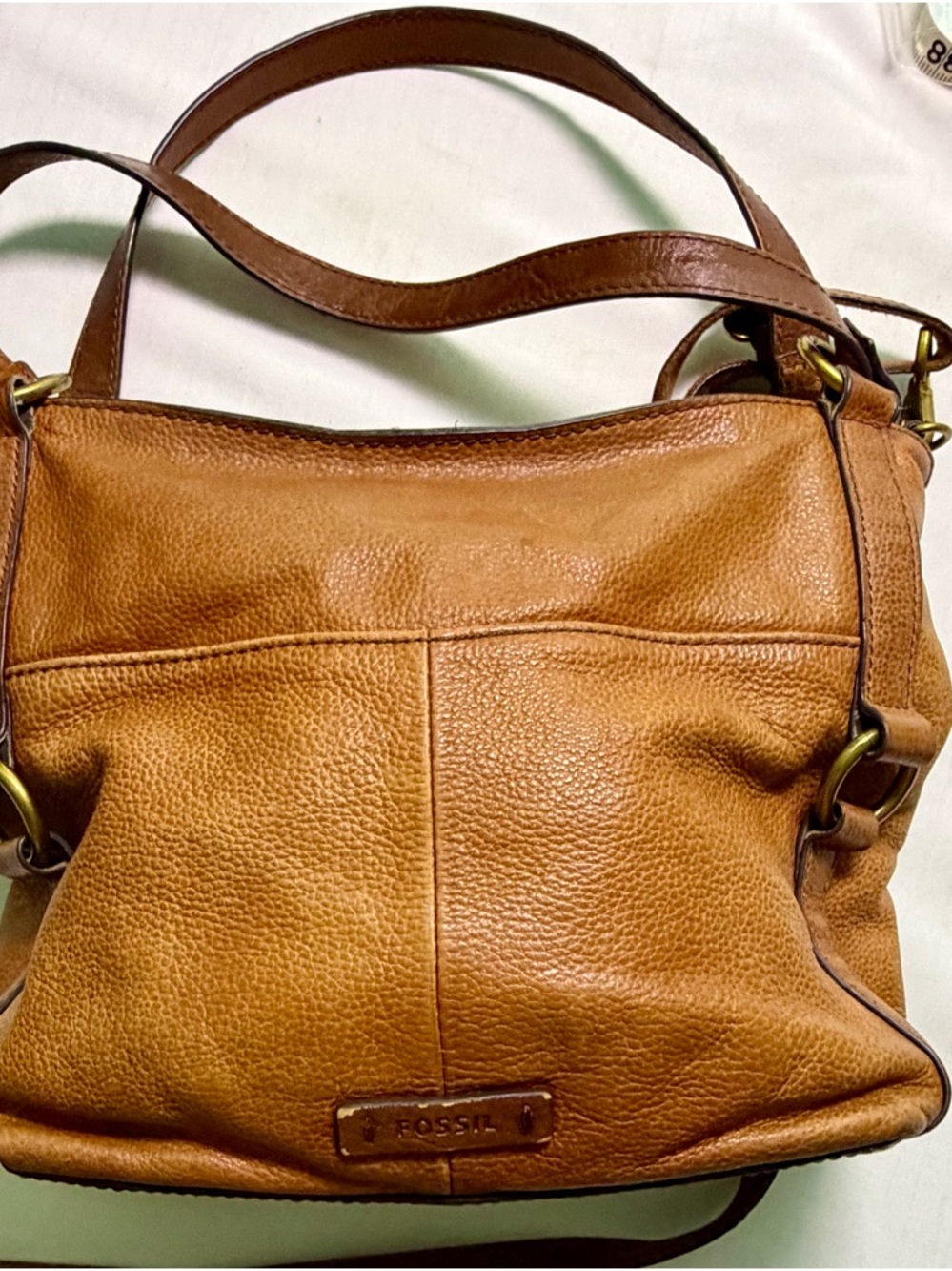 Fossil Tan Pebbled Leather Shoulder Bag with Brass Hardware